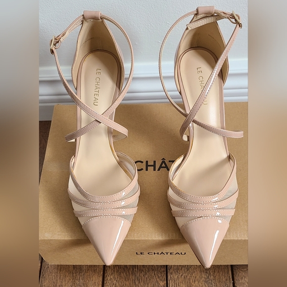 le chateau Shoes - le chateau Nude Patent Pointed-Toe Strappy Ankle Pumps